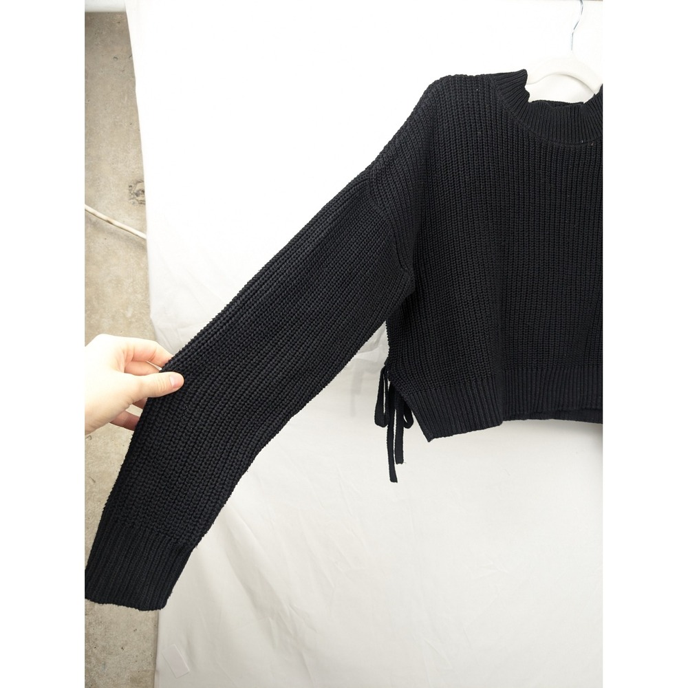 Y2K Whimsigoth Shaker Knit Boxy Crop Sweater Size L Black Grunge Baddie Side Tie - Picture 3 of 8